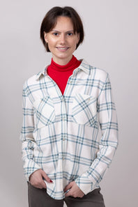 Thread & Supply Lewis Soft Luxe Button Up Shirt for Women in Beige/Moss Plaid
