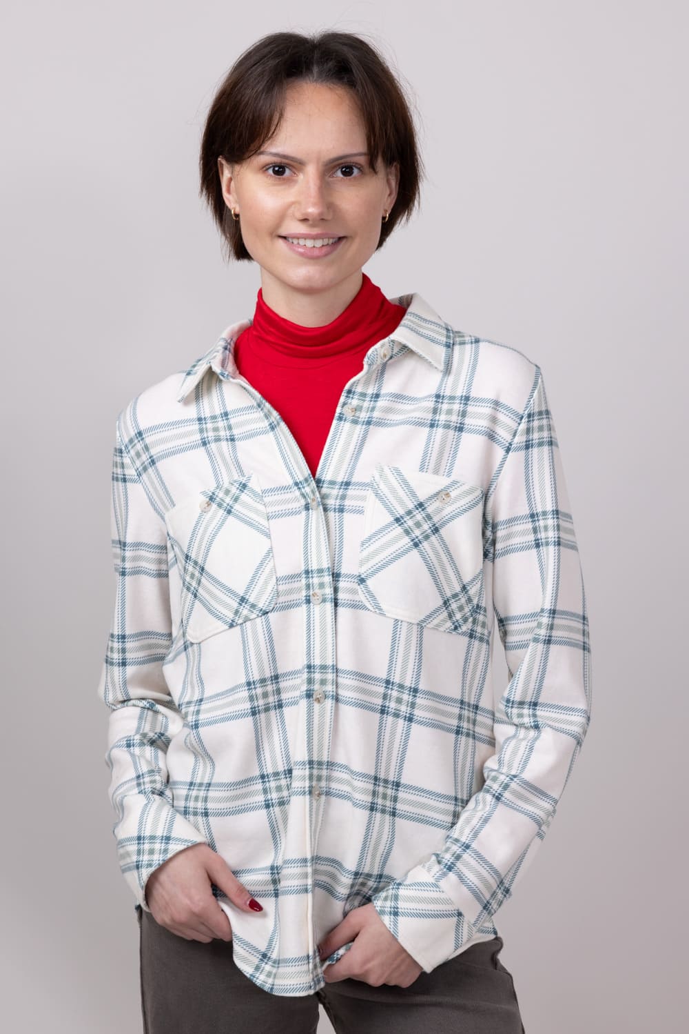 Thread & Supply Lewis Soft Luxe Button Up Shirt for Women in Beige/Moss Plaid