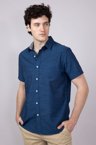 Union Lennox Slub Cotton Button Up Shirt for Men in Dark Blue