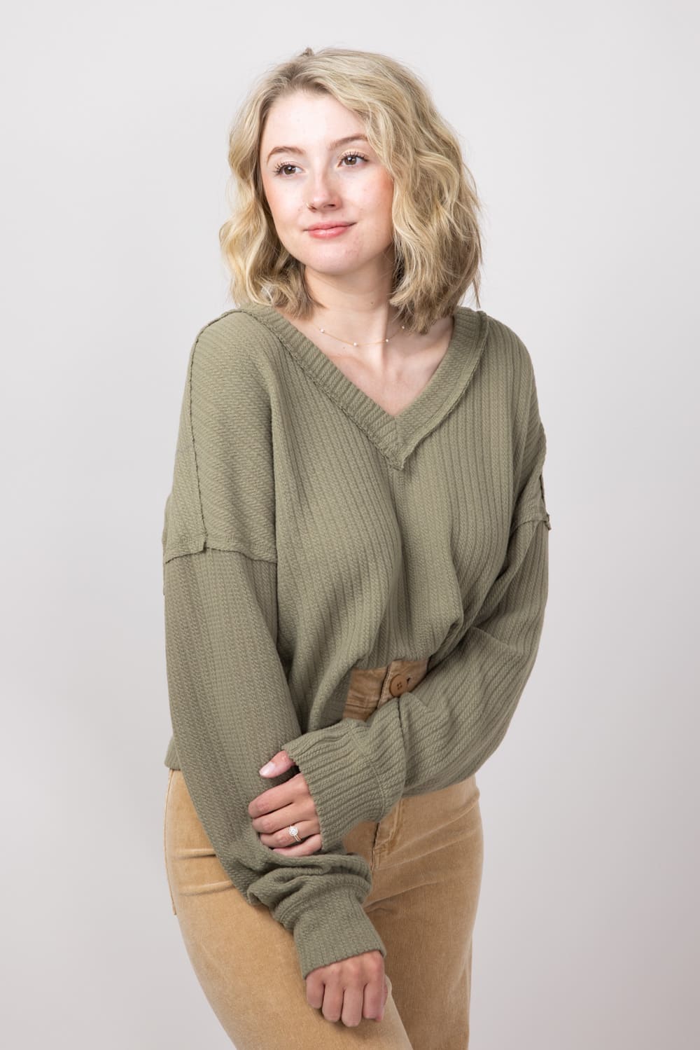 Casual V-Neck Knit Top for Women in Olive