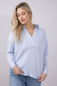 Blu Pepper Ribbed Knit Johnny Color Polo Shirt for Women