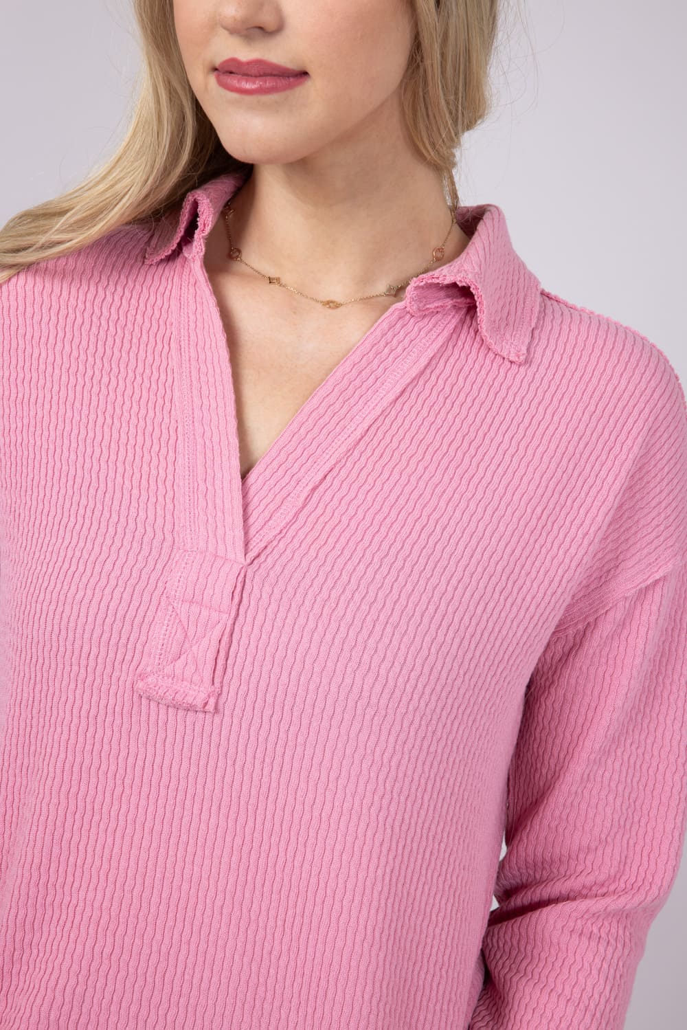 Blu Pepper Ribbed Knit Johnny Collar Polo Shirt for Women in Mauve