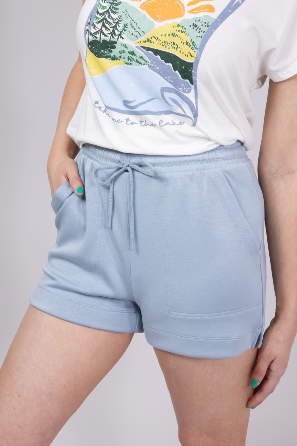 Love Tree Drawstring Scuba Knit Lounge Shorts for Women in Bluestone