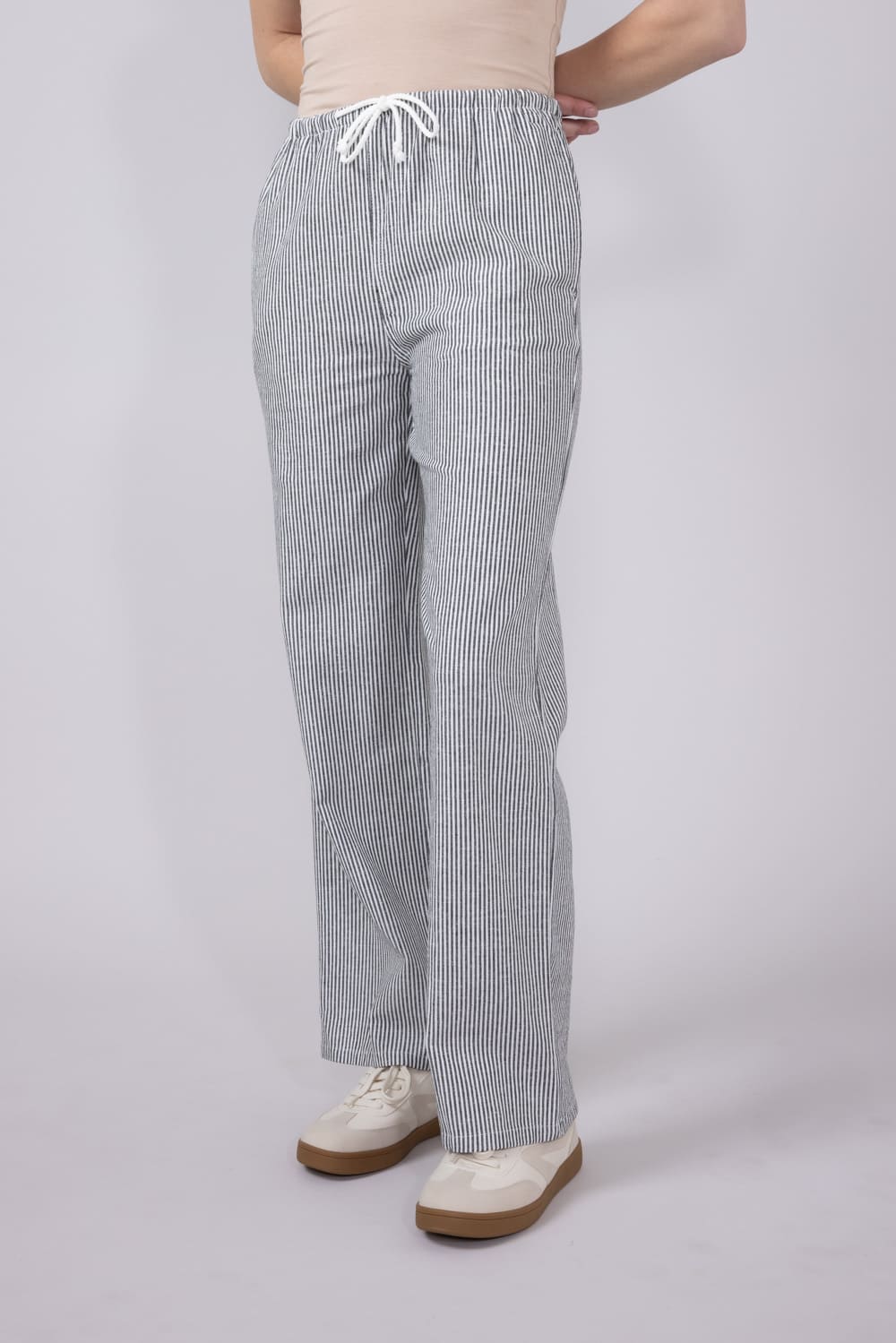 Love Tree Pinstripe Drawstring Linen Pants for Women in Black