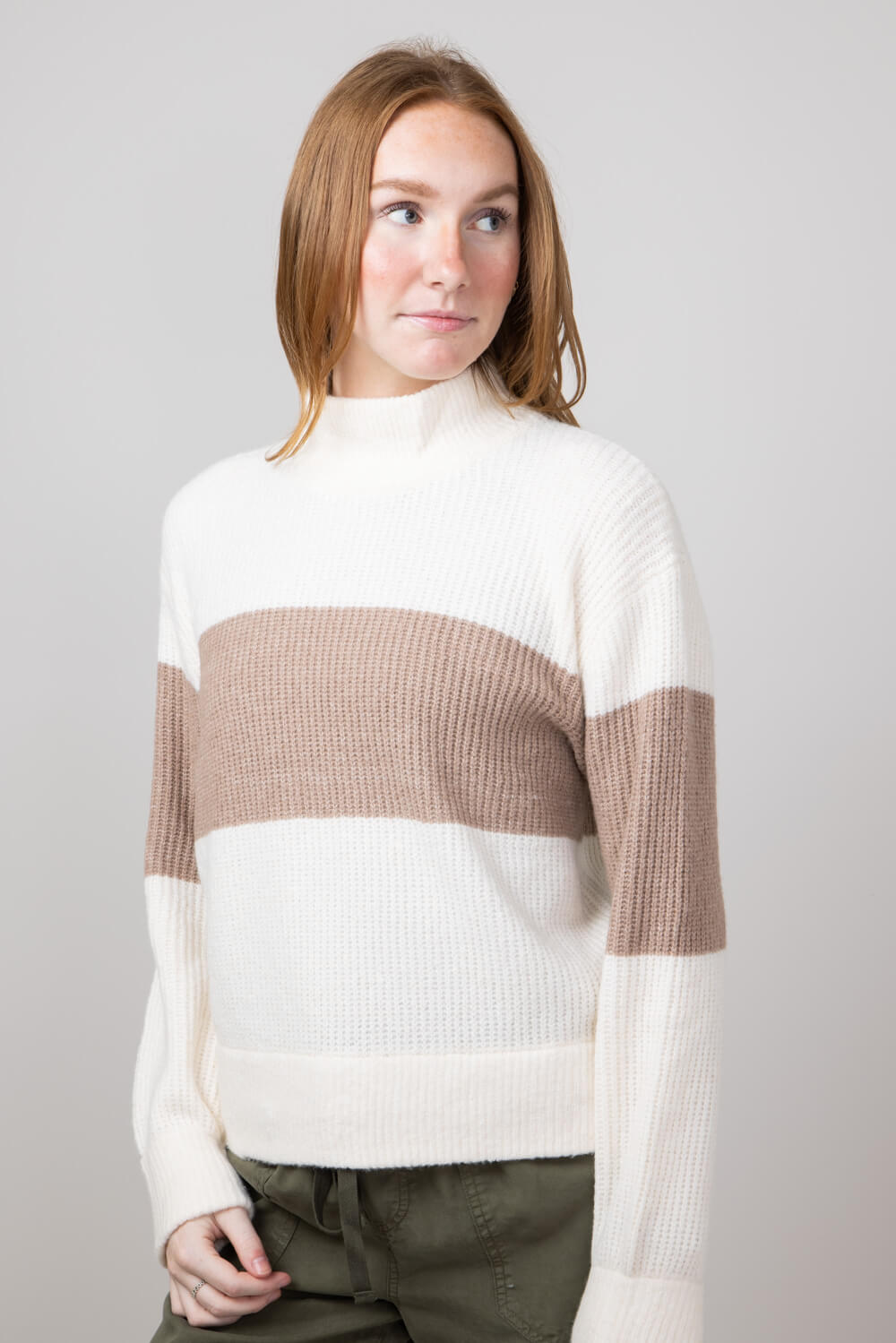 Stripe Mock Neck Sweater for Women in Ivory Mocha Combo