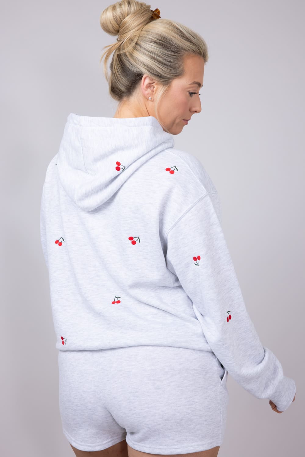 1897 Active All Over Print Cherry Embroidered Hoodie for Women in Grey