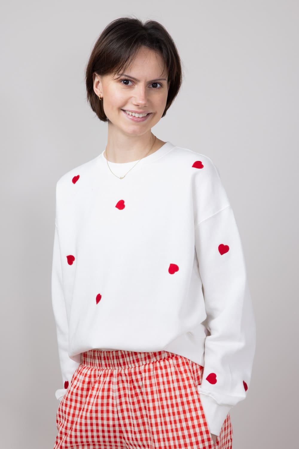 1897 Active Embroidered Hearts Fleece Crewneck for Women in Ivory Red