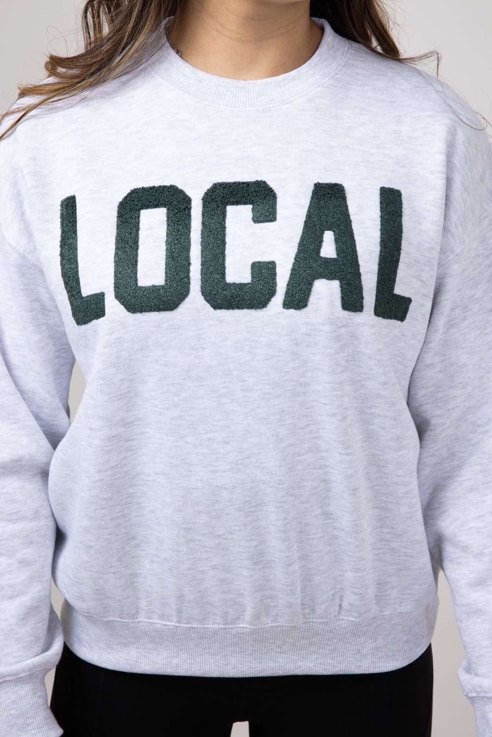 1897 Active Local Chenille Patched Fleece Crewneck for Women in Ice Grey