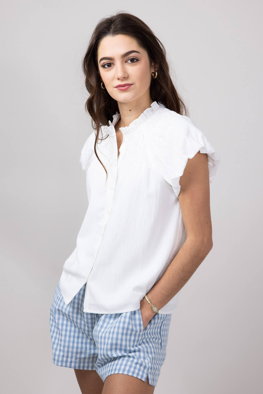 Acoa V-Neck Front Button Top for Women in White