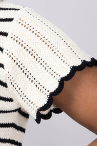 Crochet Stripe Flutter Sleeve Sweater Top for Women in Natural/Black