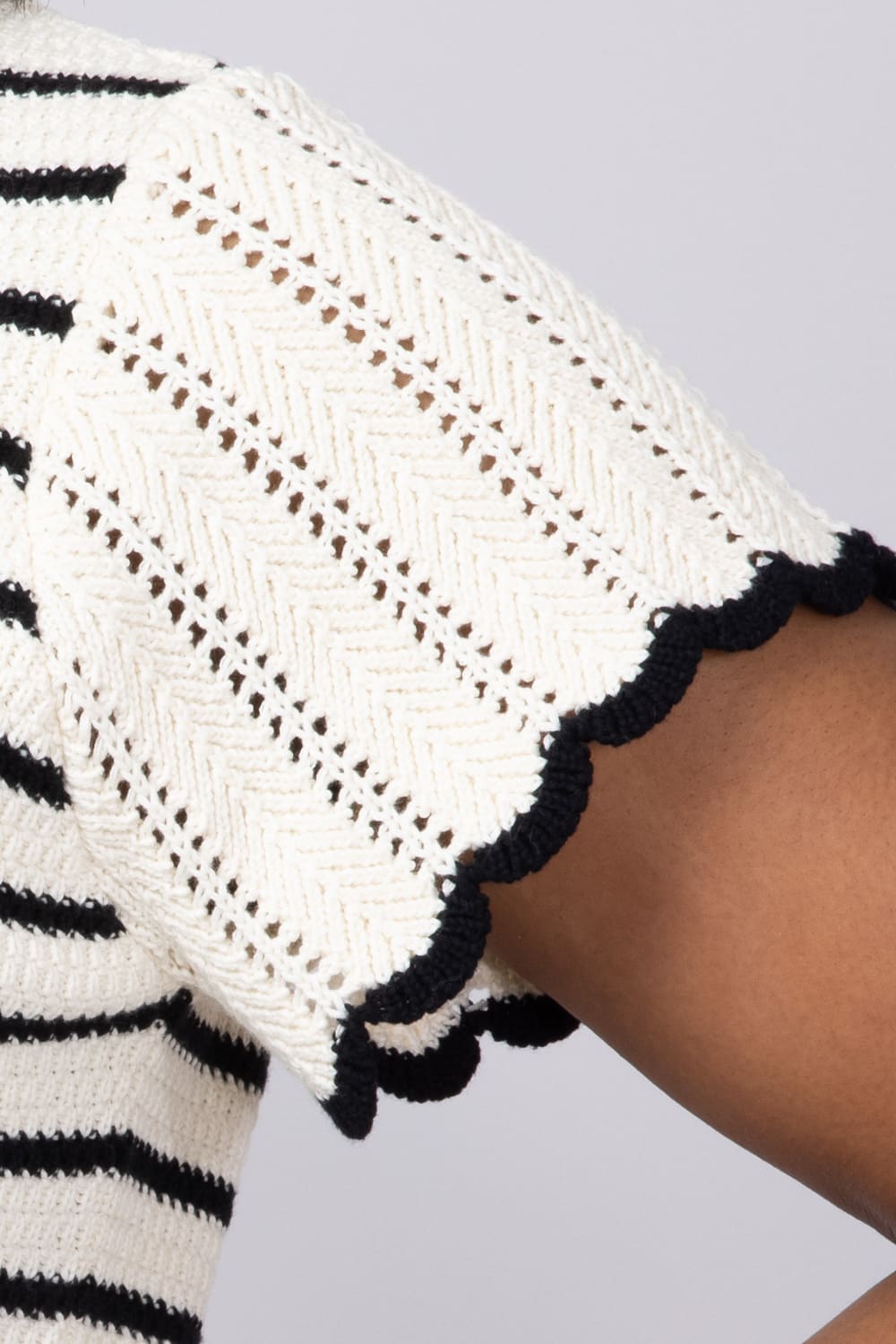 Crochet Stripe Flutter Sleeve Sweater Top for Women in Natural/Black