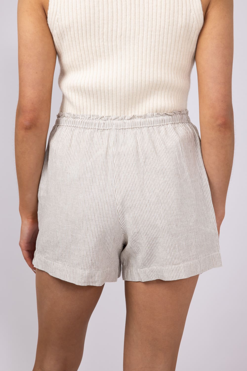 Pinstripe Drawstring Linen Shorts for Women in Khaki
