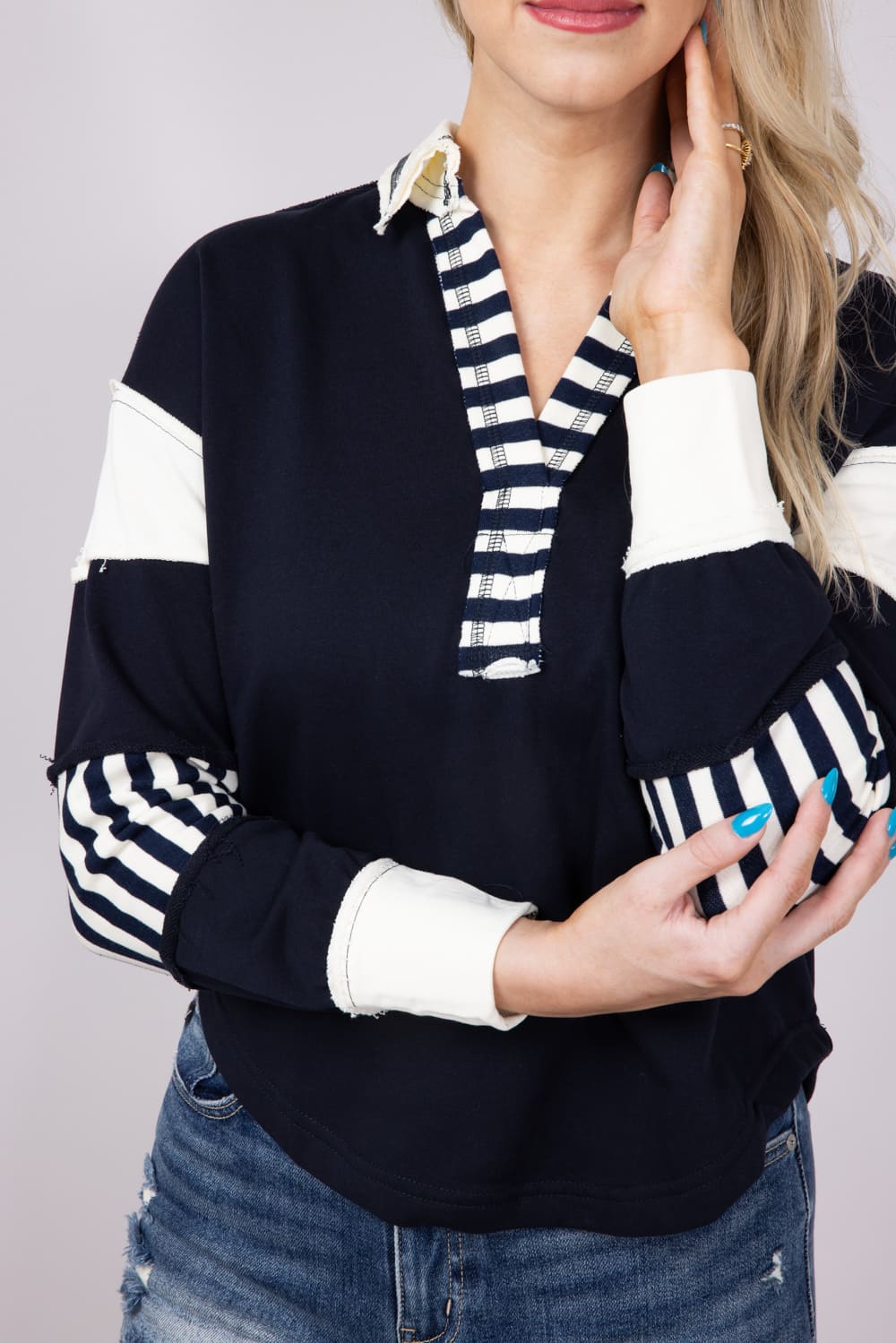 Blu Pepper Color Block Knit Top for Women in Navy