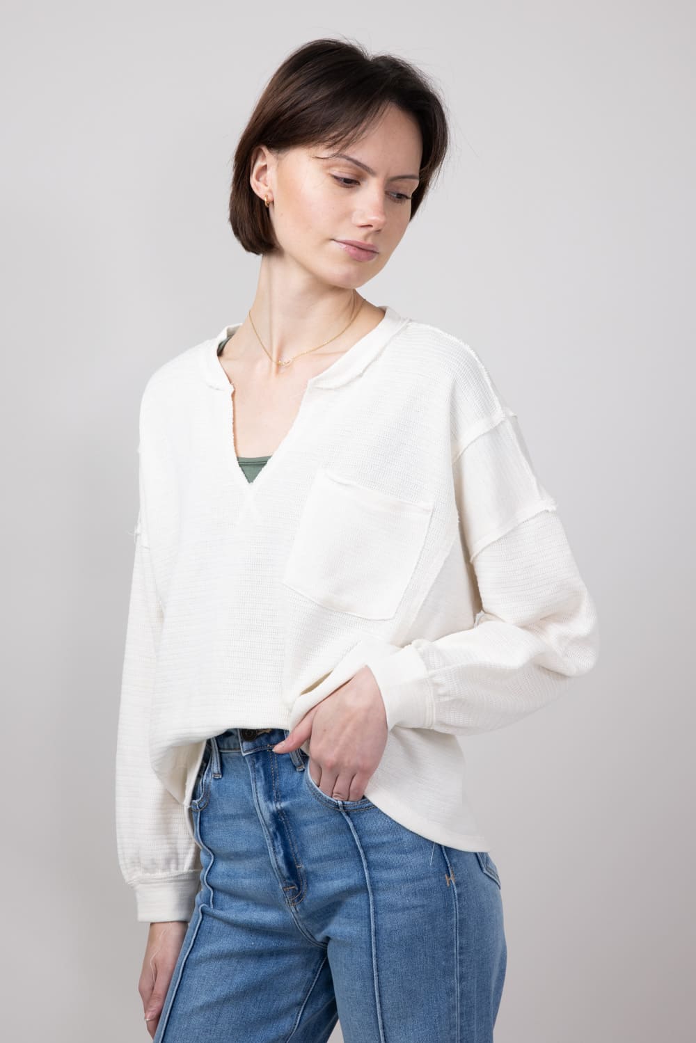 Blu Pepper Notched V-neck Knit Top for Women in Oatmeal