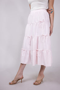 Bow Tiered Stripe Maxi Skirt for Women in Pink