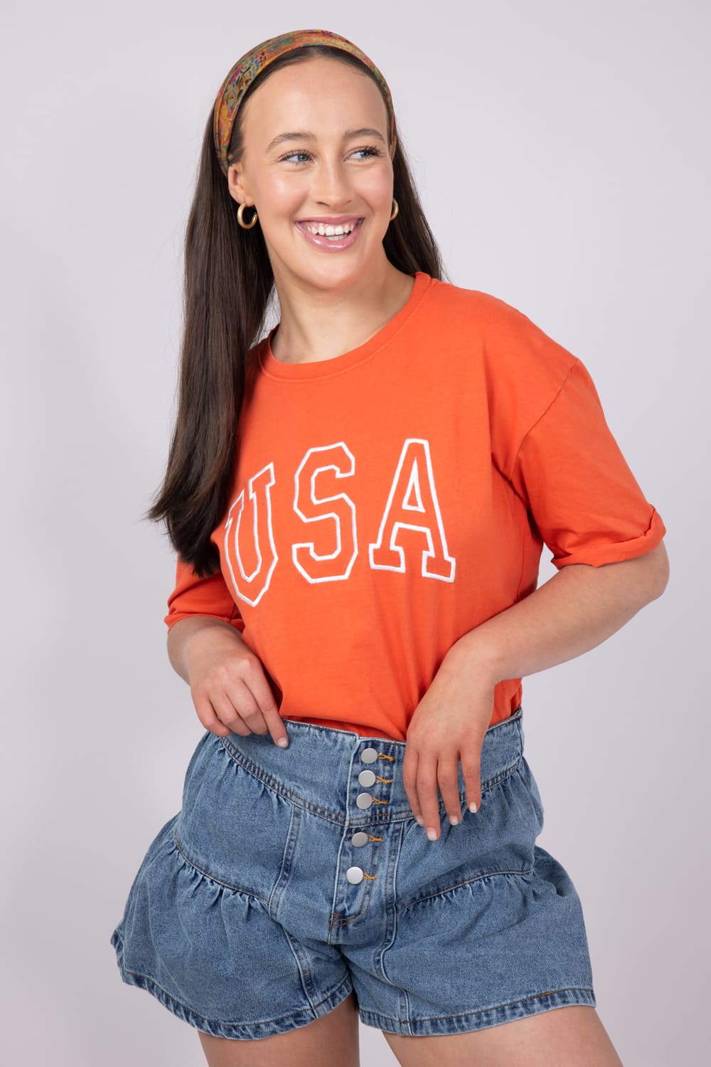 C&C California Melissa Sunwashed USA Girlfriend T-Shirt for Women in Red Orange | 89A03008A-RED