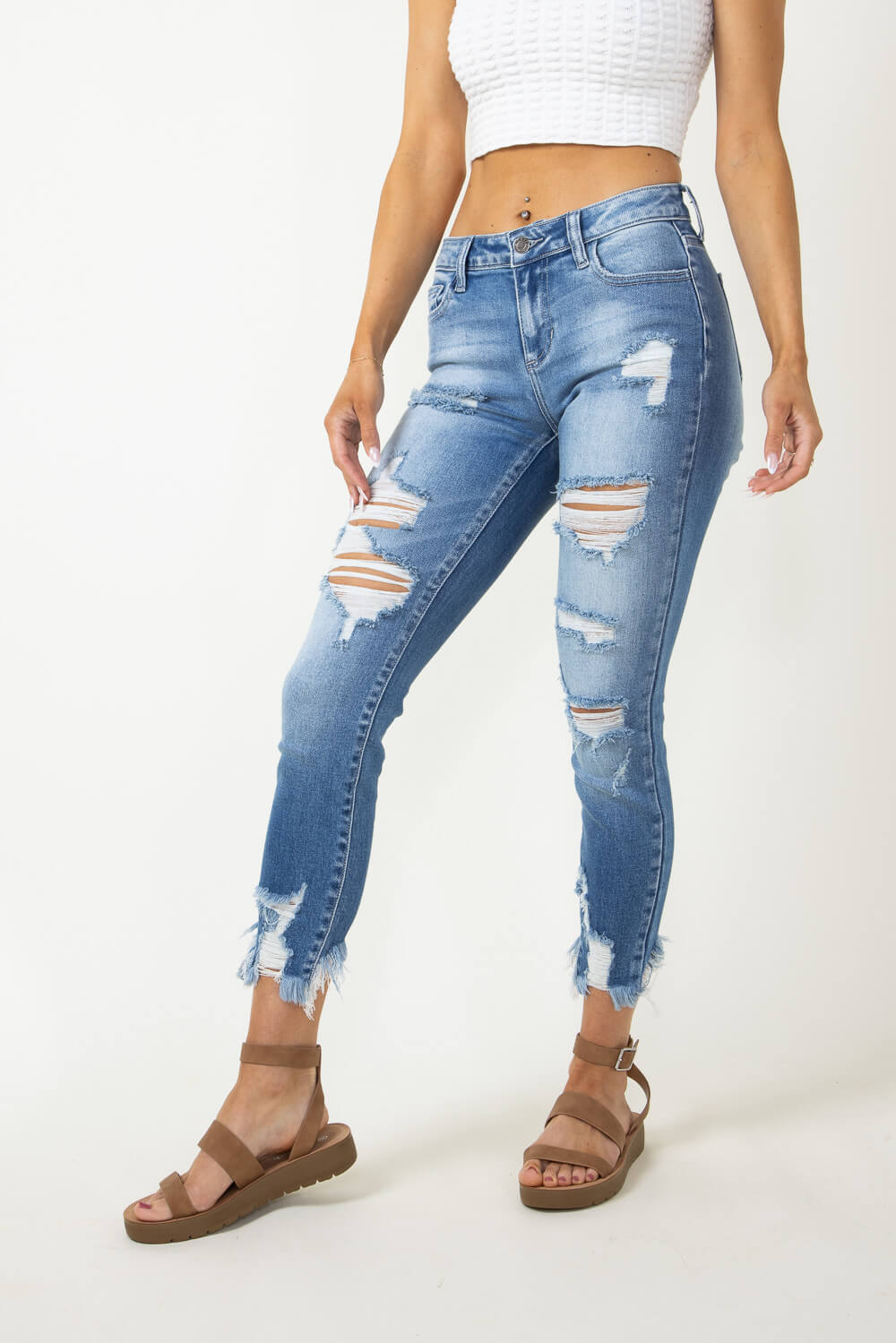 Cello Distressed Fray Ankle Cropped Skinny Jeans for Women
