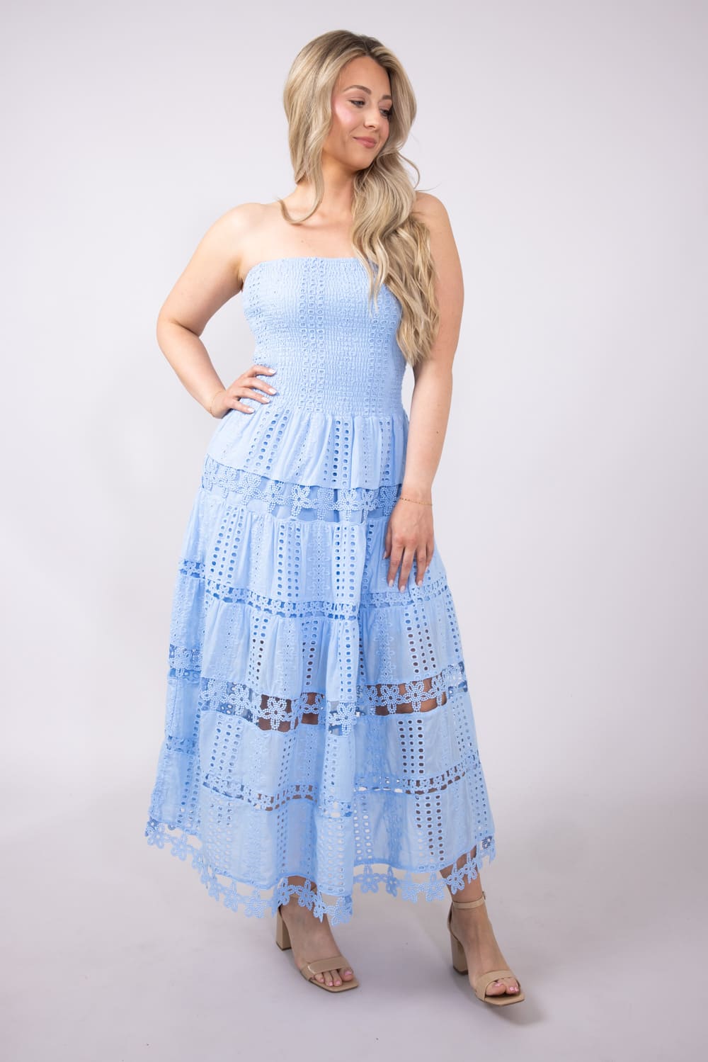 Eyelet Lace Strapless Midi Dress for Women in Blue
