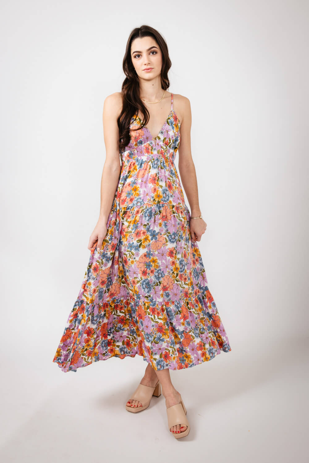 Open Back Floral Maxi Dress for Women in Ivory