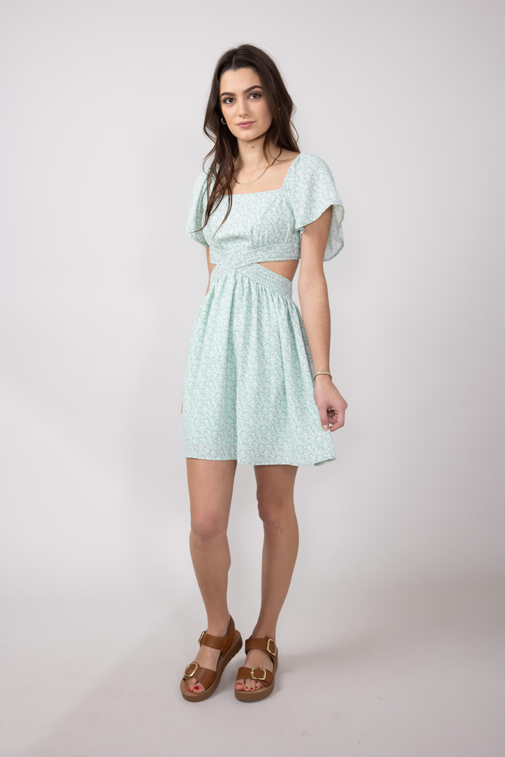Cutout Short Sleeve Dress for Women in Sage Floral