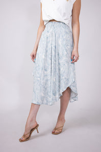 Floral Crepe Midi Skirt for Women in Dusty Blue