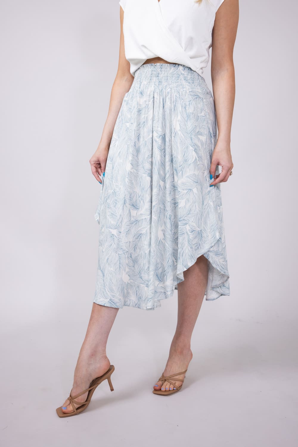 Floral Crepe Midi Skirt for Women in Dusty Blue