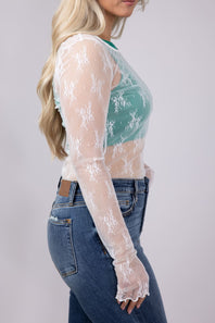 Floral Lace Sheer Scoop Neck Layering Top for Women in White