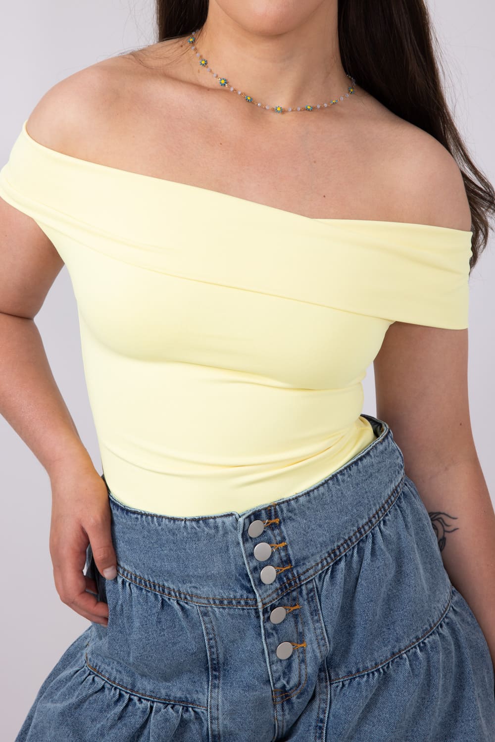 Fold Over Off The Shoulder Top for Women in Lemon