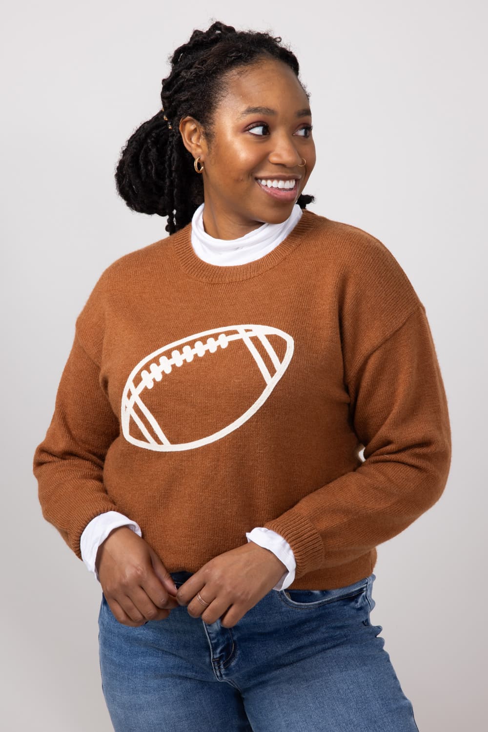 Football Knit Sweater for Women in Brown