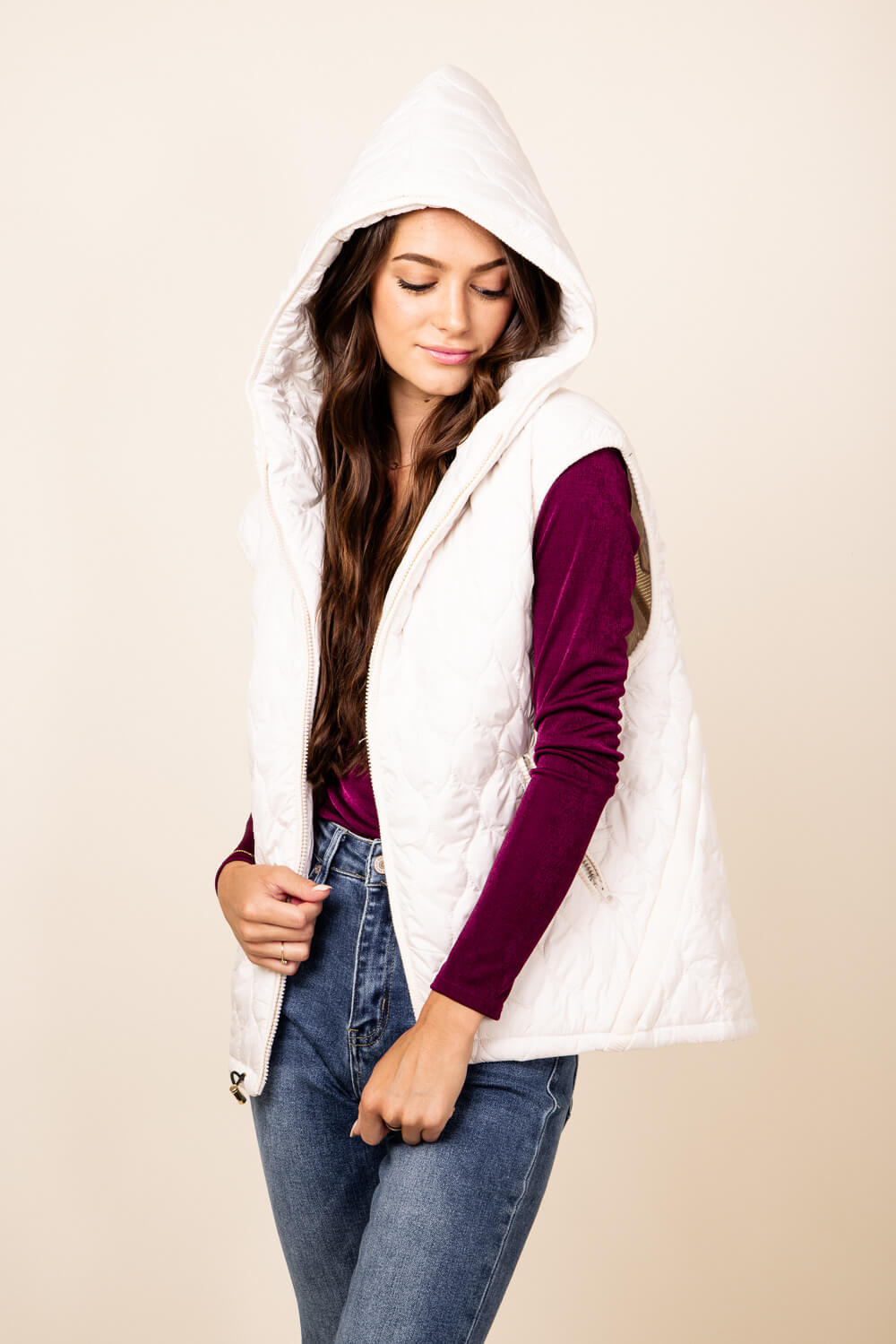 Hooded Quilted Zipper Puffer Vest for Women in Beige