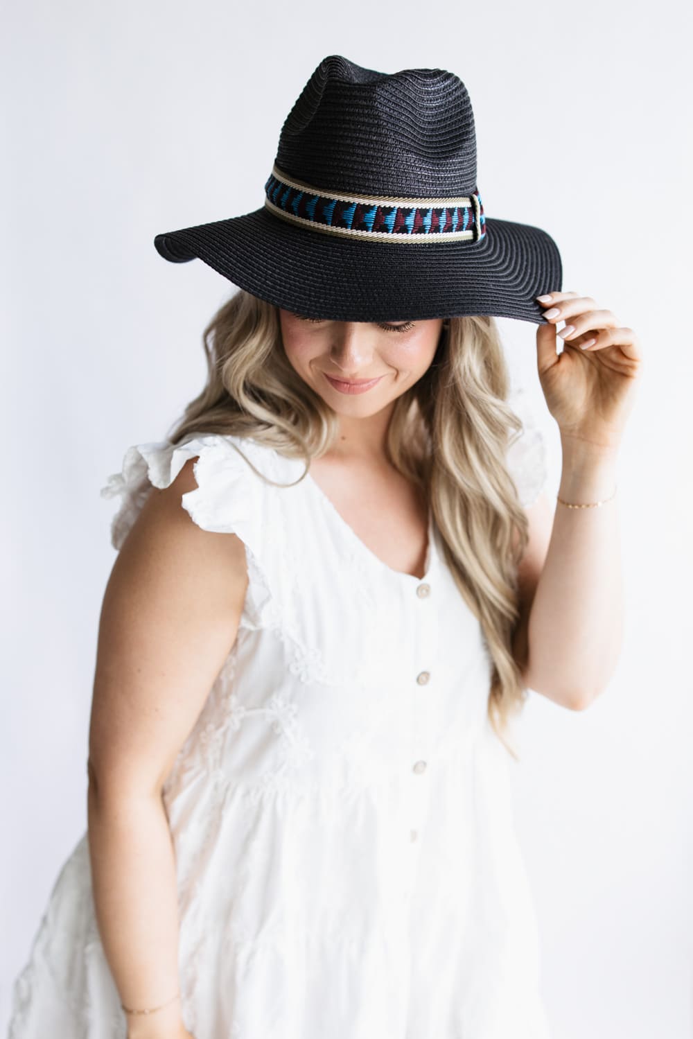  Straw Wide Brim Hat with Band for Women in Black 