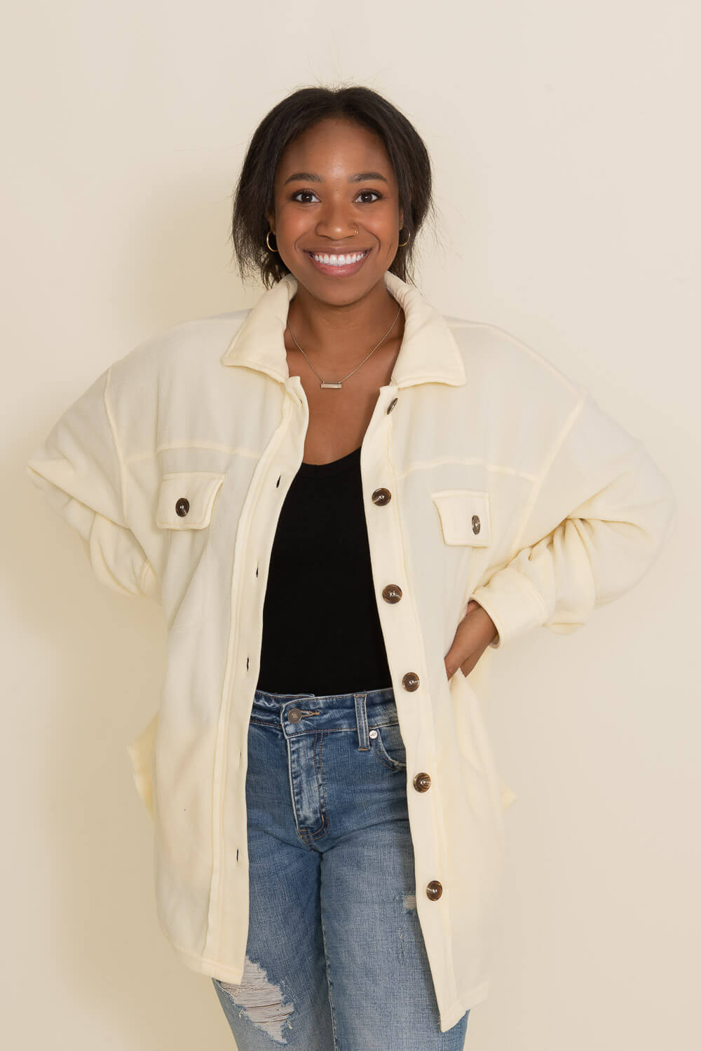 La Miel Sunset Fleece Shacket for Women in Cream Yellow