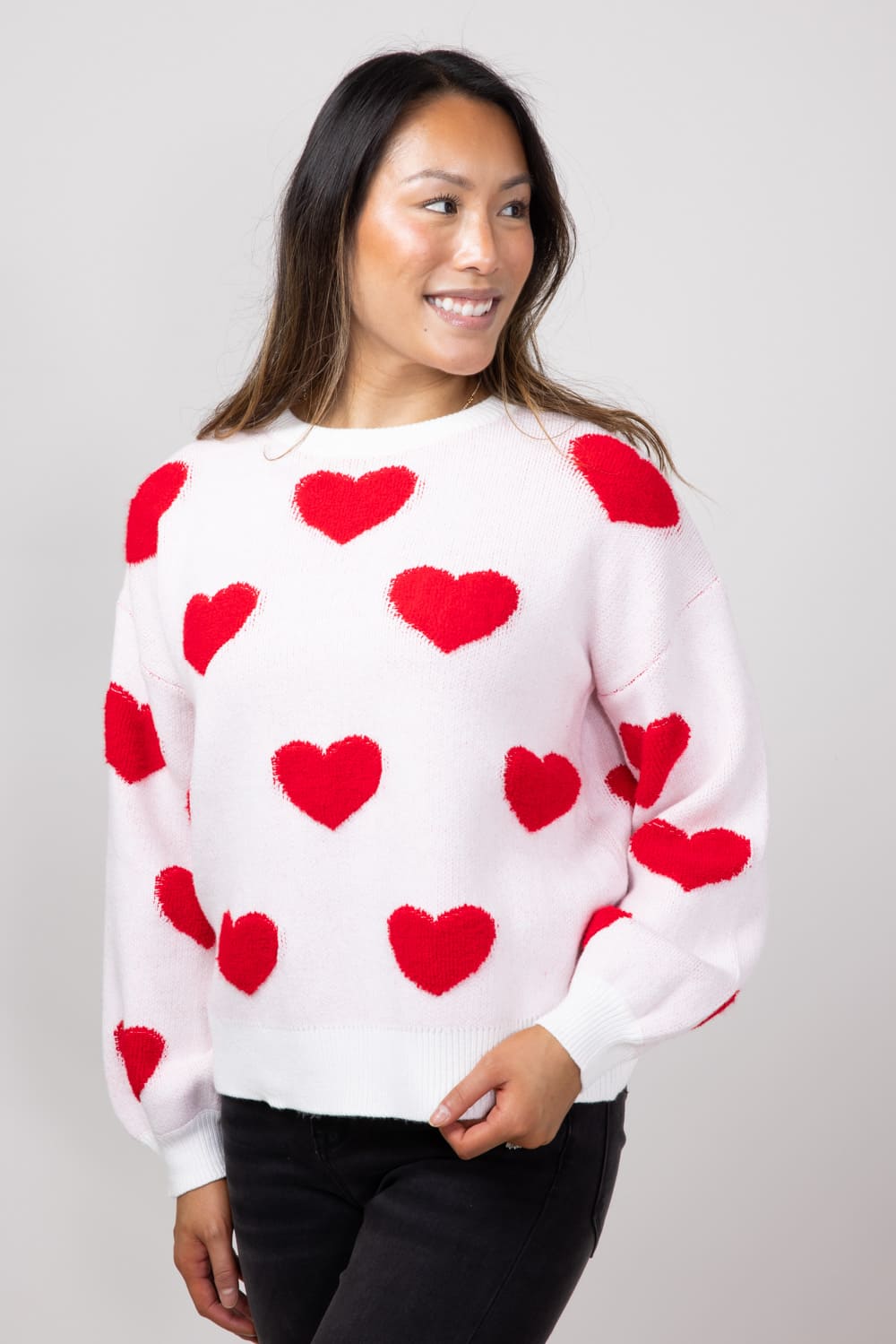 Miracle Multi Heart Sweater for Women in Ivory/Red