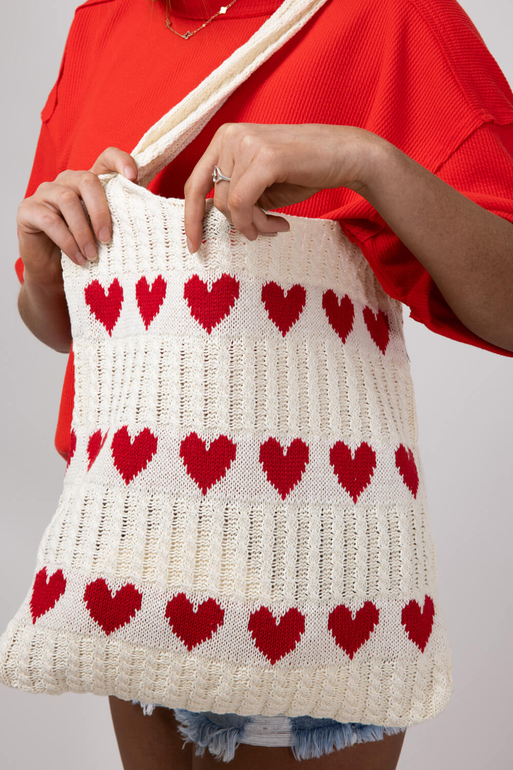 Red Heart Sweater Bag for Women in Off White/Red