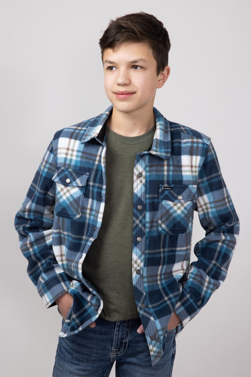O’Neill Youth Glacier Super Fleece Plaid Shacket for Boys in Midnight Navy