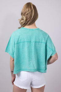 Oversized Cropped Mineral Wash Knit T-Shirt for Women in Paradise Green