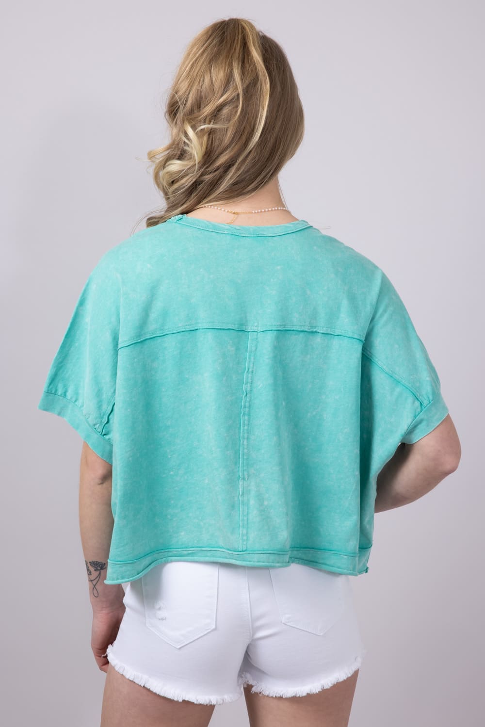 Oversized Cropped Mineral Wash Knit T-Shirt for Women in Paradise Green