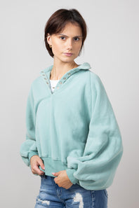Snap Button Collared Fleece for Women in Sage