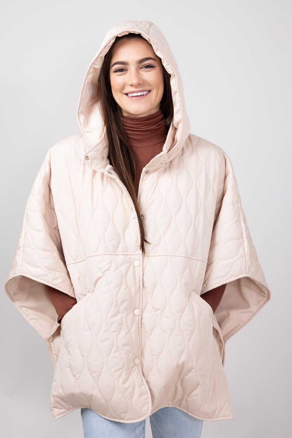 Quilted Puffer Poncho for Women in Tan