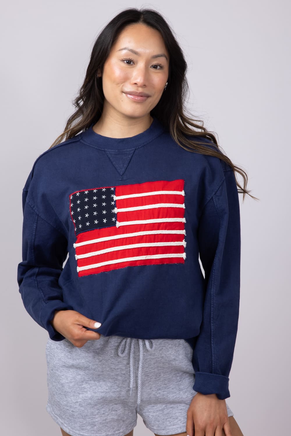Simply Southern American Flag Oversized Sweatshirt for Women in Navy