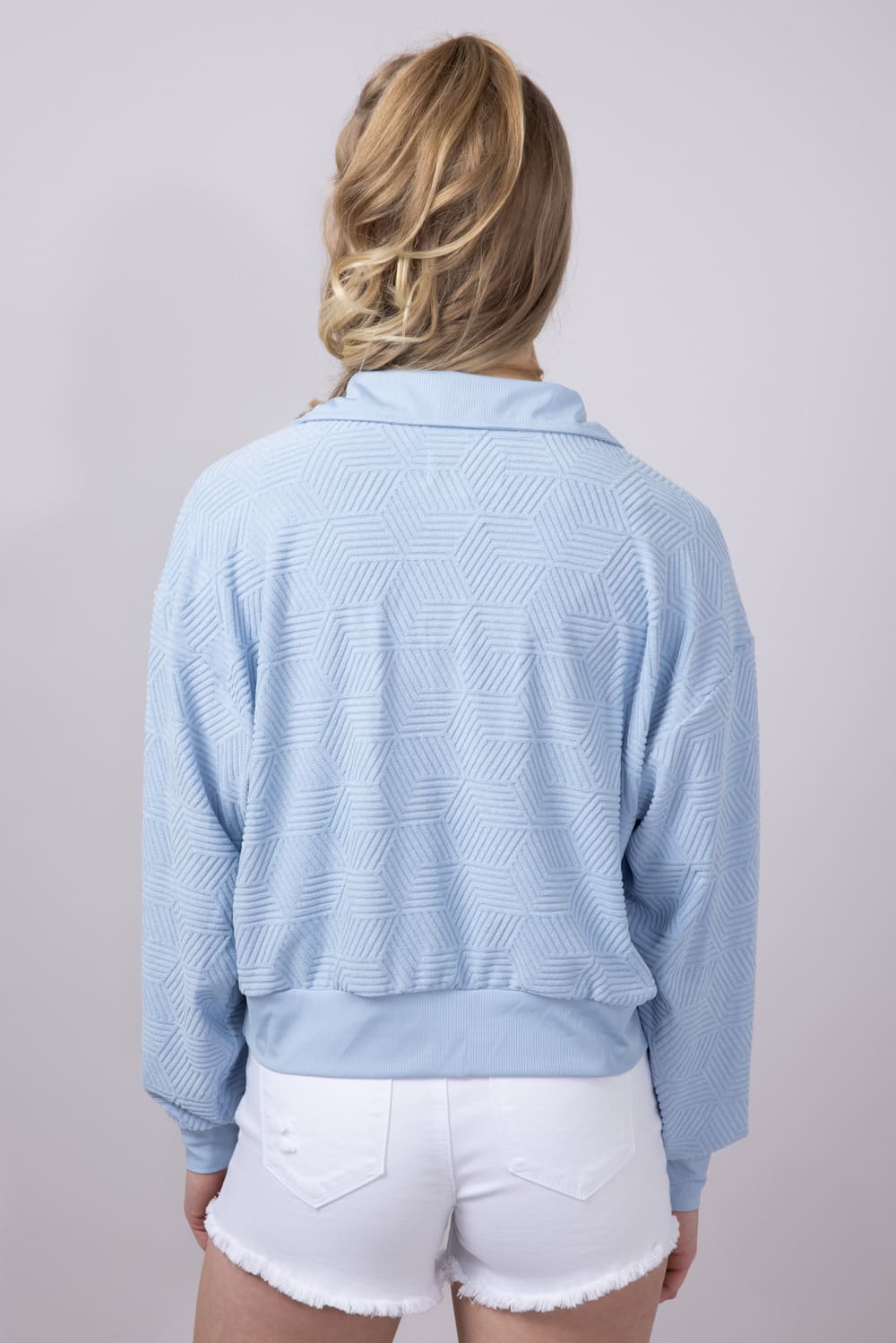Simply Southern Geo Pattern Johnny Collar Pullover Top for Women in Ice Blue