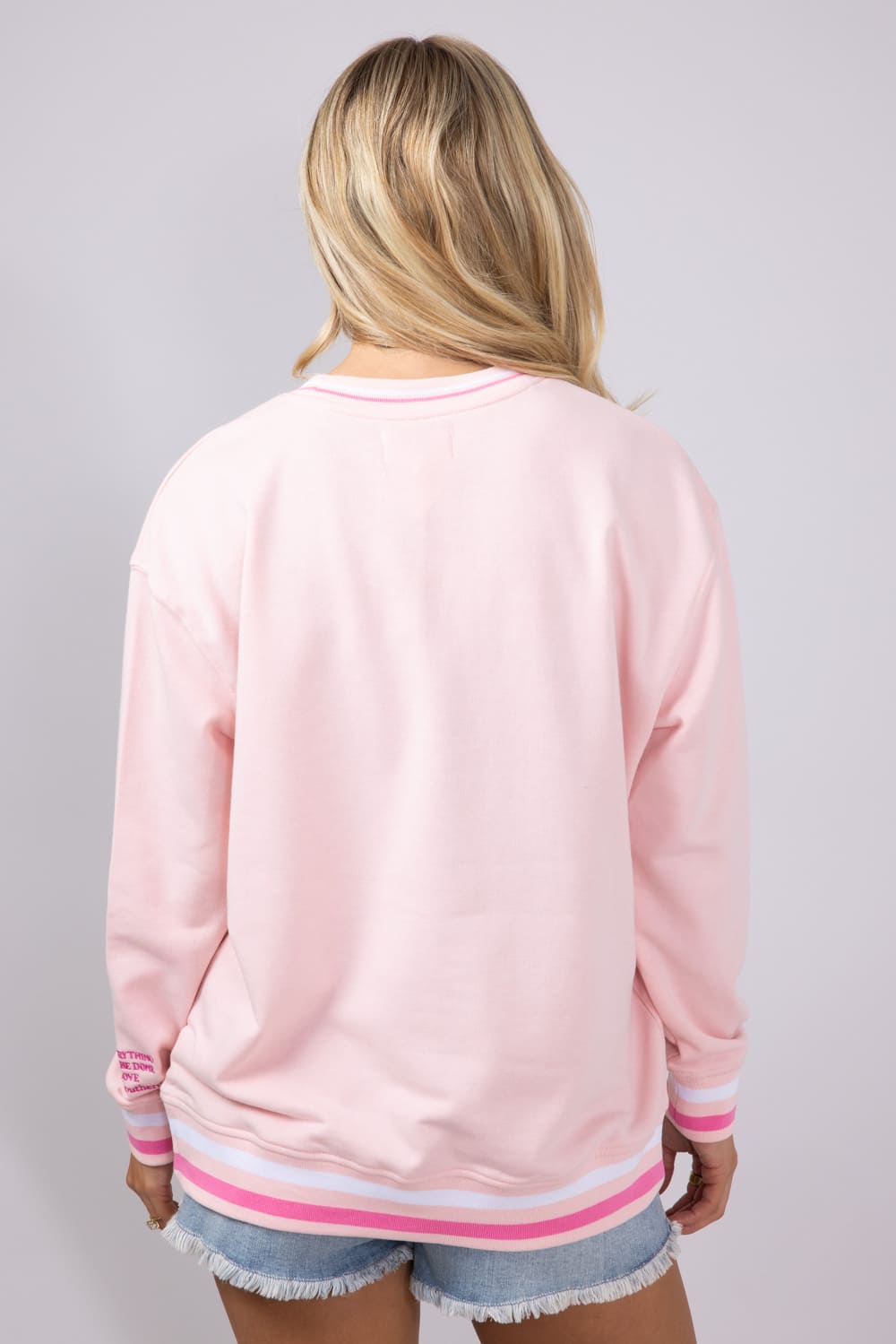 Simply Southern Womens Good Energy Social Club Varsity Crew Sweatshirt for Women in Pink