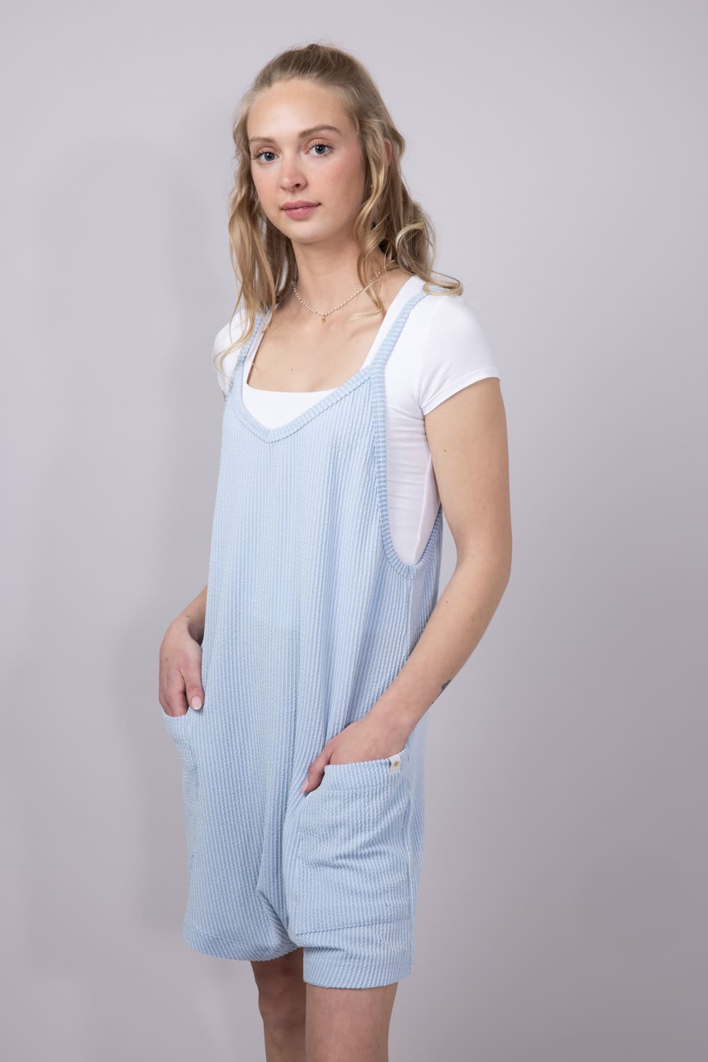 Simply Southern Urban Ribbed Knit Romper for Women in Ice Blue
