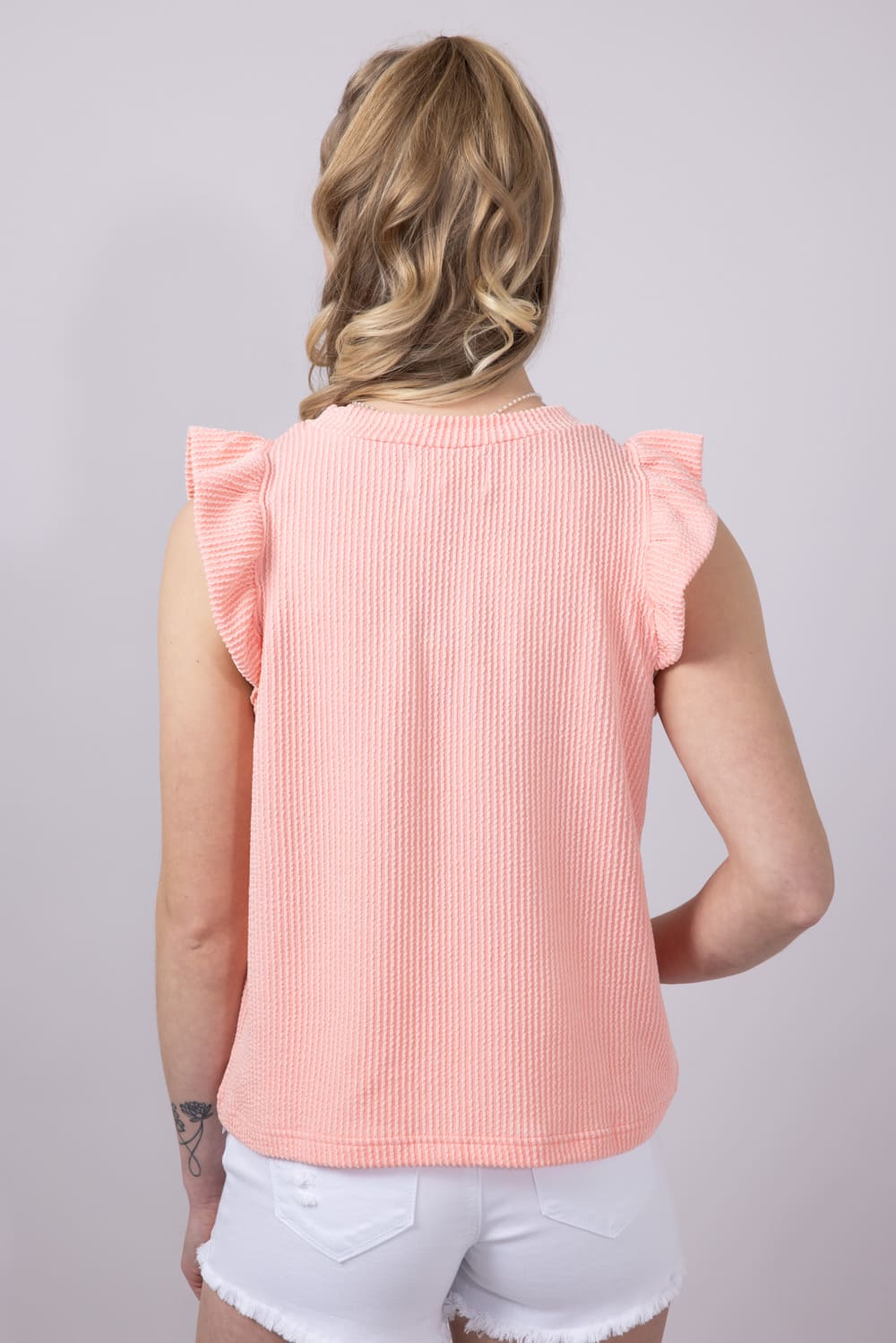 Simply Southern Womens Urban Ribbed Knit Ruffled Sleeve Top for Women in Coral