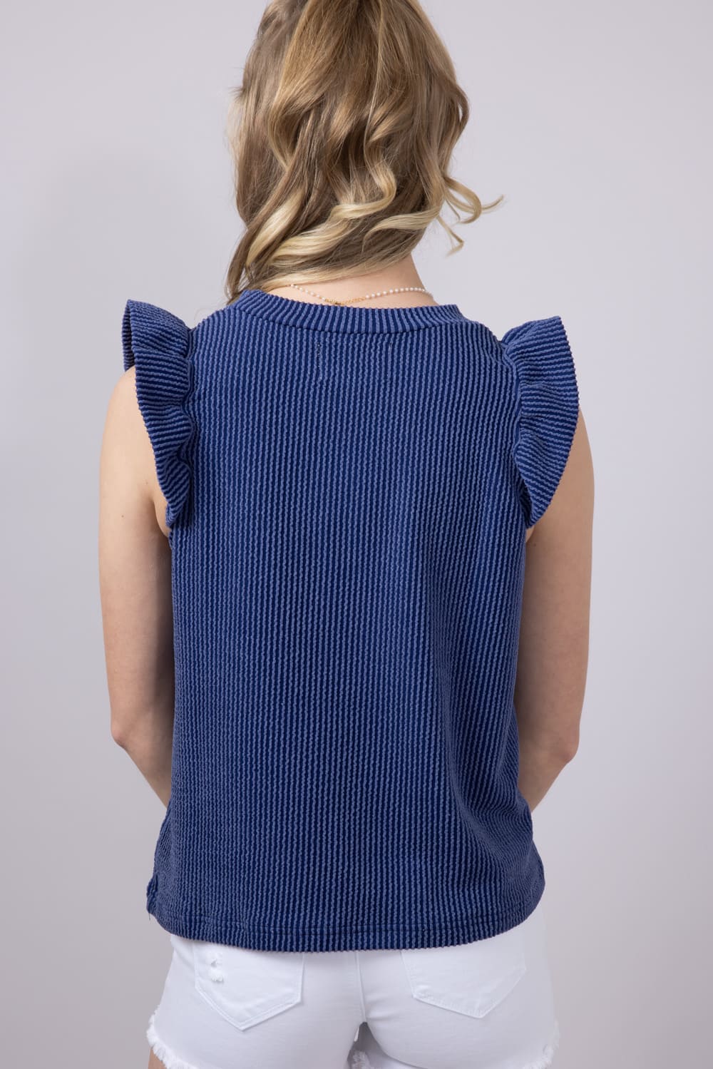 Women's Simply Southern Urban Ribbed Knit Ruffled Sleeve Top for Women in Navy