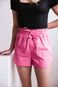 Elastic Waist Linen Shorts for Women in Hot Pink