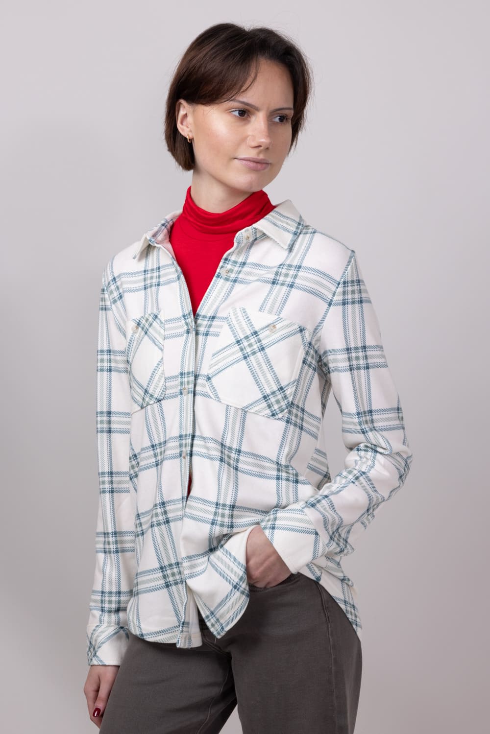 Thread & Supply Lewis Soft Luxe Button Up Shirt for Women in Beige/Moss Plaid