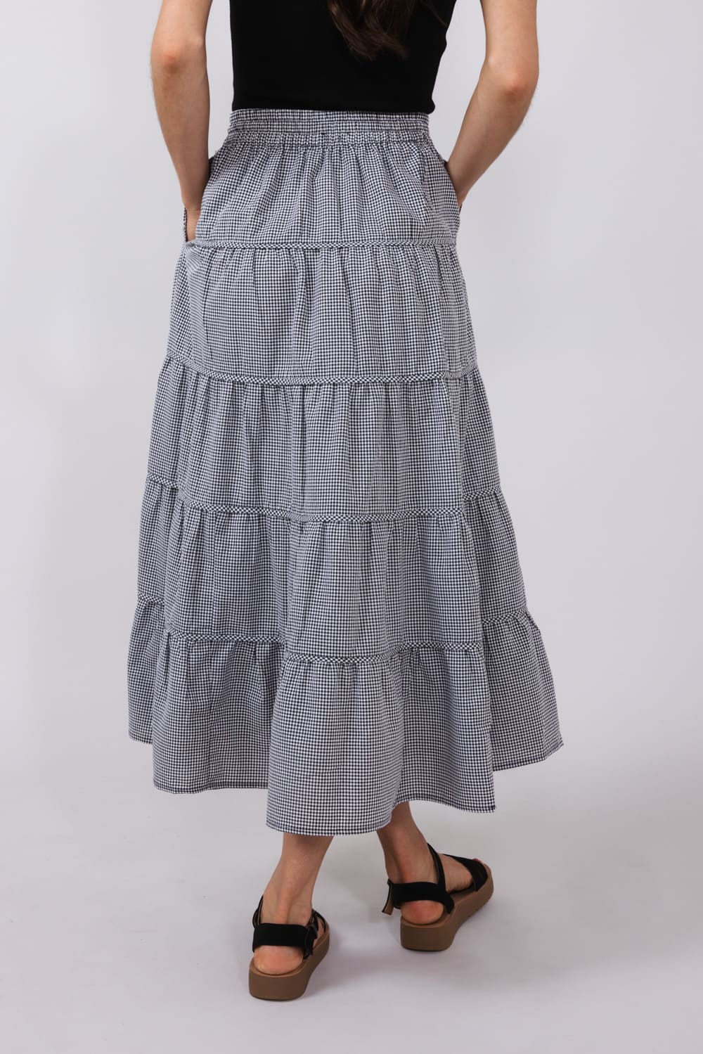 Wishlist Gingham Tiered Midi Skirt for Women in Black & White