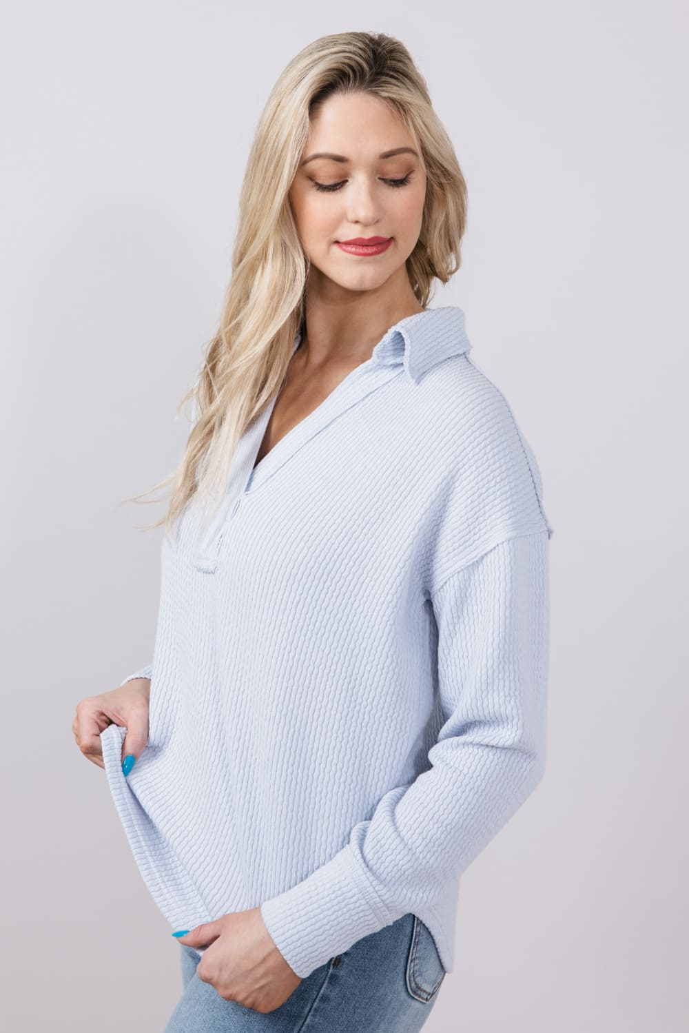 Blu Pepper Ribbed Knit Johnny Collar Polo Shirt for Women in Blue Grey