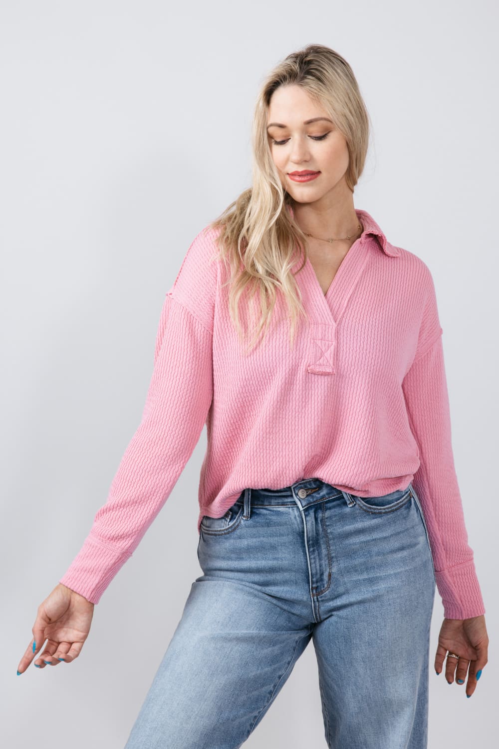 Blu Pepper Ribbed Knit Johnny Collar Polo Shirt for Women in Mauve